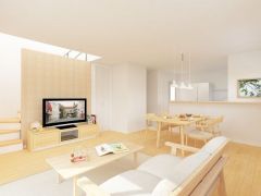 北欧ナチュラルインテリアのLDK。リビングの板貼りがお部屋のアクセントに